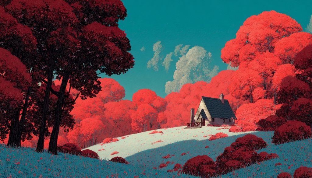 A small cottage in a landscape with vibrant red trees and teal grass under a blue sky.
