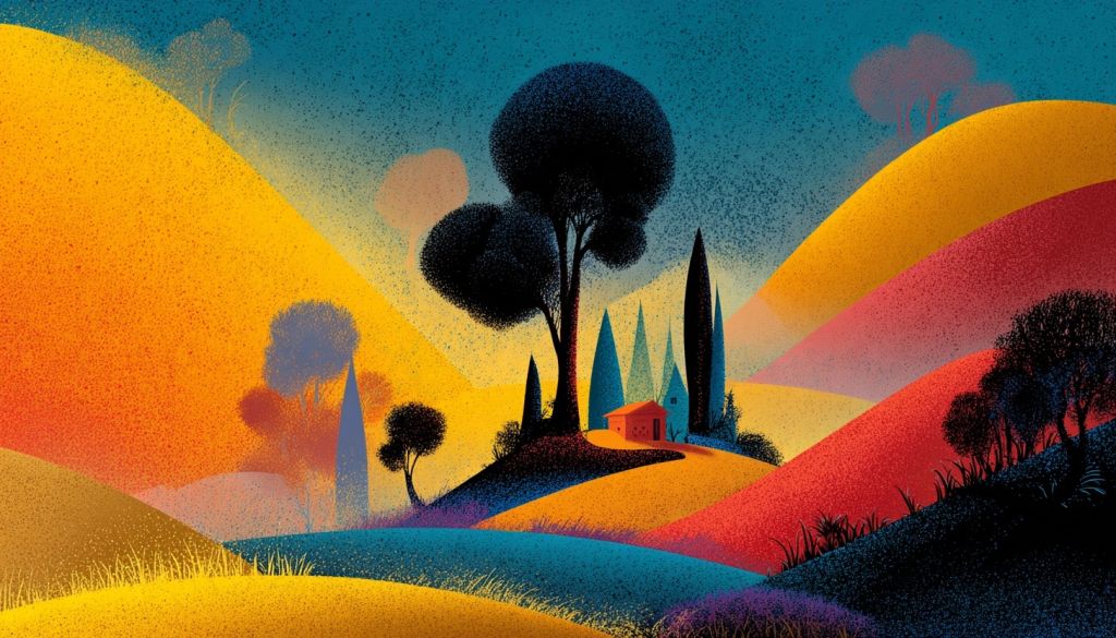 Colorful abstract landscape with rolling hills, trees, and a small house at sunset