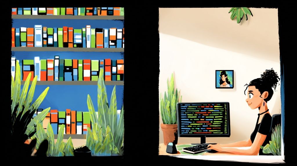 Illustration of a person coding at a computer with a colorful bookshelf and plants in the background.