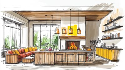 Sketch of a modern living room and kitchen with a fireplace, large windows, and colorful seating