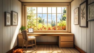 A wooden study room with a large window showing a garden and mountains, botanical art on walls.