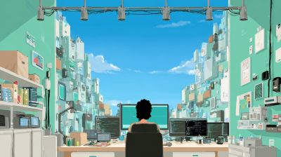 A programmer sits at a desk with multiple monitors, overlooking a futuristic cityscape through a window.