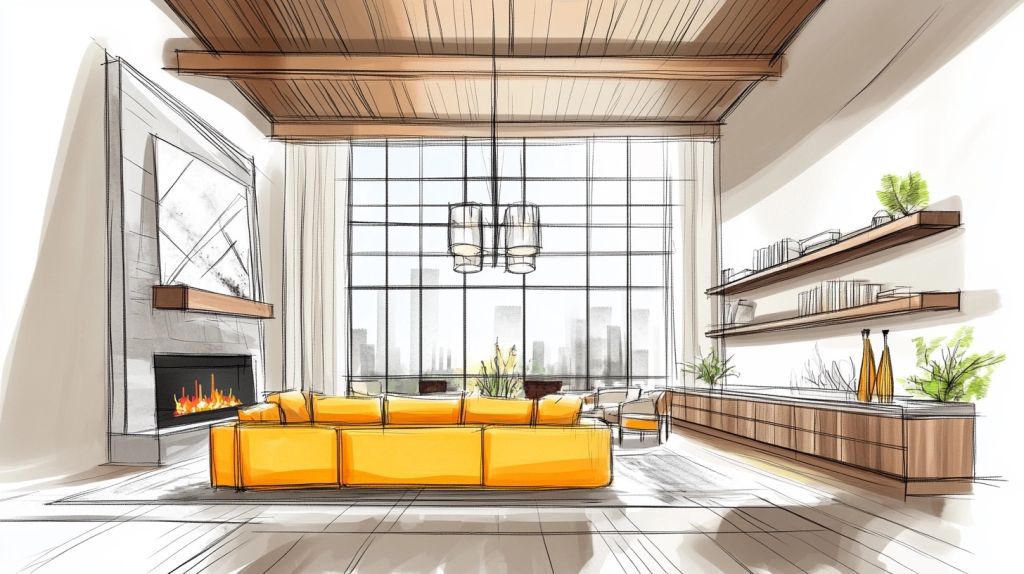 Sketch of a modern living room with orange sofa, fireplace, and large city-view windows